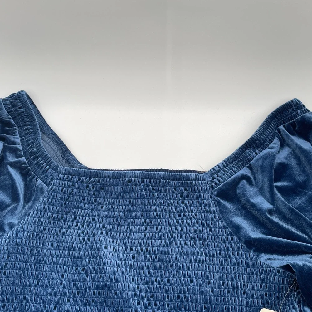 Terra & Sky Elegant Blue Velvet Smocked Square Neckline Top Christmas Plus Size
